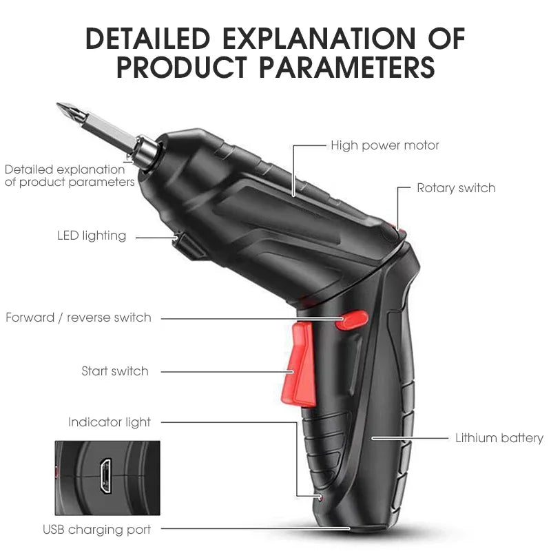 2/47pcs 3.6V Screwdriver Kit Rechargeable Lithium Battery Cordless Electric Screwdriver Drill Kit Folding Home Power Tools