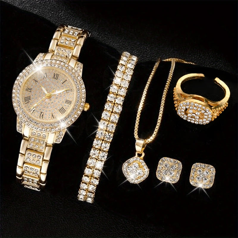 6PCS Women Watch Luxury Elegant Alloy Watch Crystal Wristwatch For Ladies Gift Quartz Watch Alloy Rhinestone Bracelet Montre