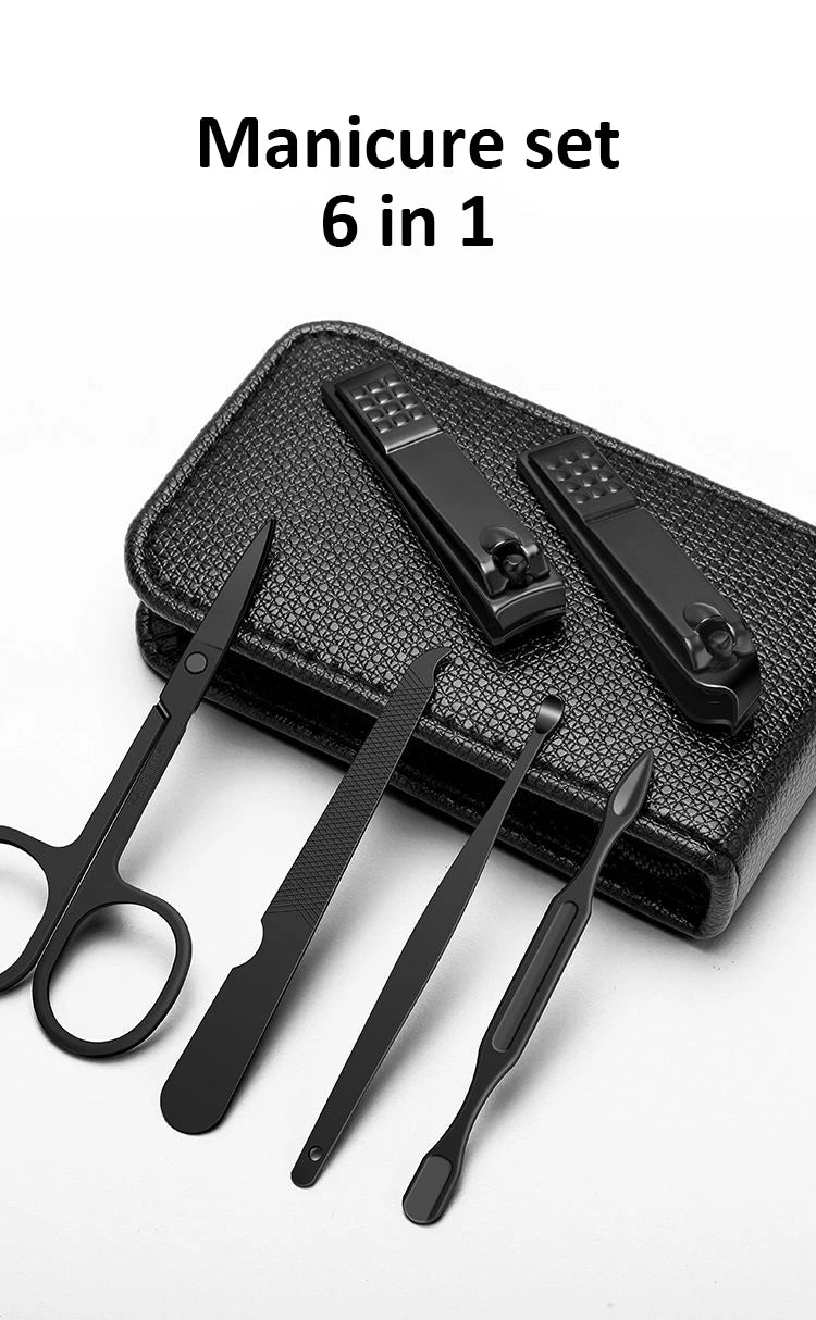 Germany 6 Pcs Portable Luxury Manicure Sets Pedicure Kits Bright Black Nail Clipper Set Personal Care Tools Eyebrow Scissors